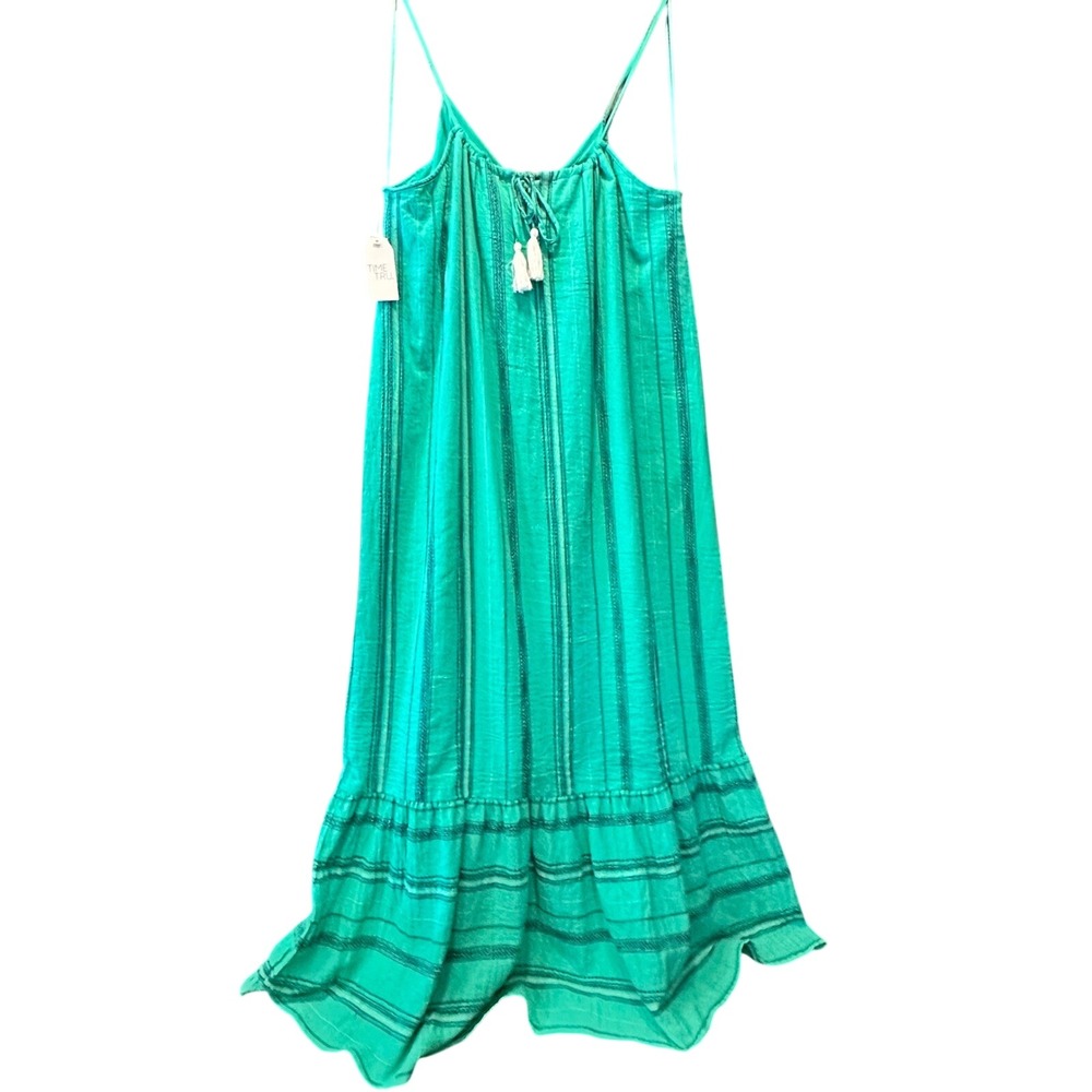 NWT Time and Tru Maxi Dress Green Striped Tassel XL 16-18 Casual Travel Boho